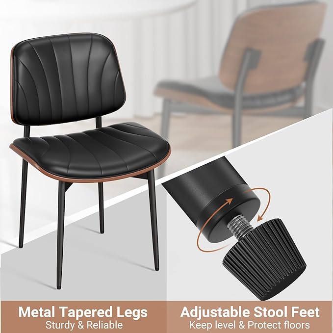Dining Chairs Set of 4, Mid-Century Modern Upholstered PU Leather Chairs with Walnut Bentwood Back and Metal Legs Adjustable Feet for Kitchen Dining Room, Black Shell Strips
