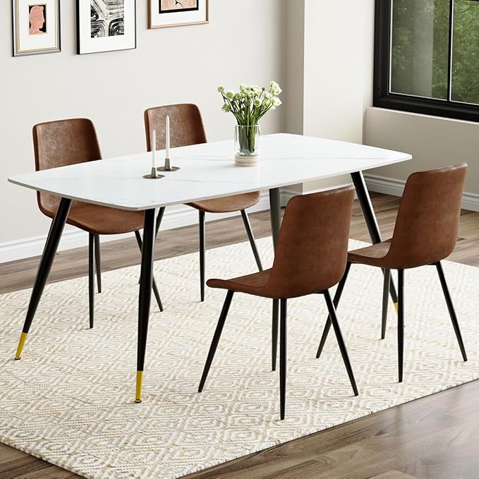 White Dining Table Set for 4, 62'' Dining Table Set for 4, Sintered Stone Dining Room Sets for 4, Easy to Assemble