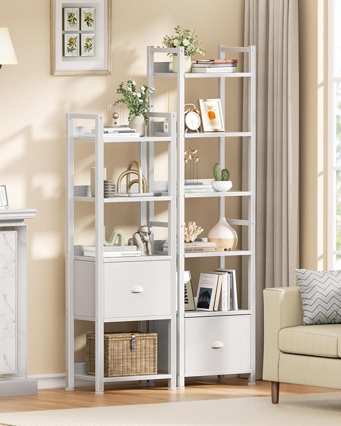 Furologee 6 Tier Bookshelf, Tall Shelf with Drawer, Wood and Metal Bookshelves Storage Organizer, Modern Display Shelving Unit for Bedroom, Living Room, Home Office, White