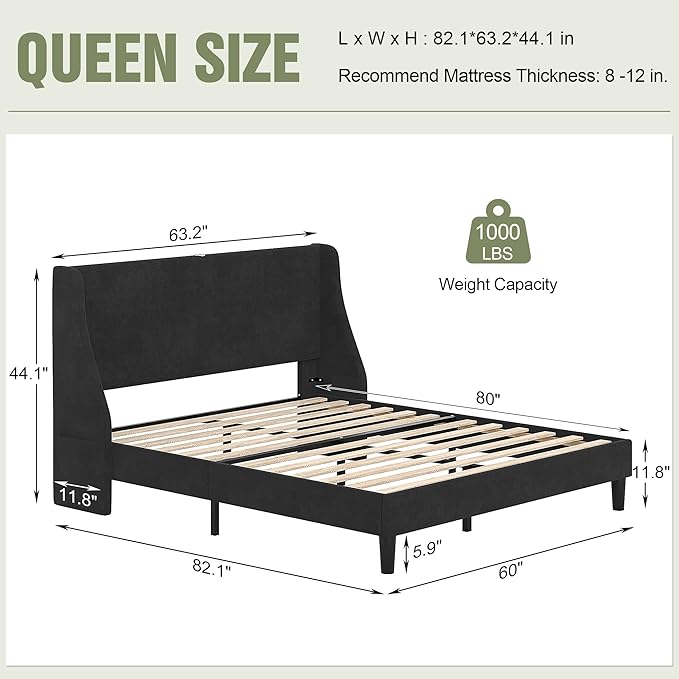 VECELO Queen Bed Frame with Upholstered Wingback Headboard, Heavy-Duty Platform Bedframe with Charging Station, Wooden Slats, No Box Spring Needed, Grey