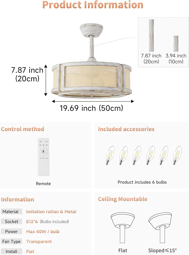 20" Boho Fandelier Ceiling Fan with Light,6 E12 Bulbs Include, Rattan Chandelier Ceiling Fans with Lights Remote Control, Mid-Century with 6 Speeds for Bedroom, Nursery, Living Room