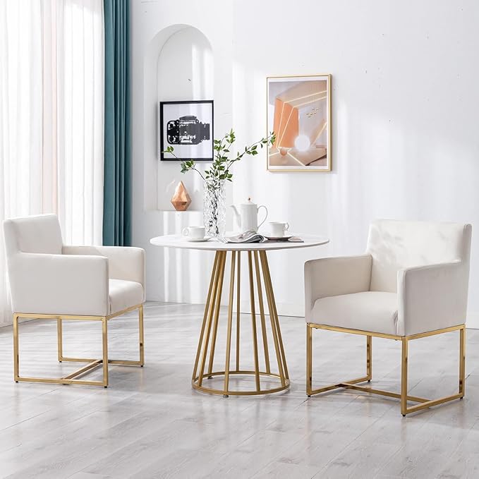 Upholstered Dining Chairs with Arms Set of 4 Mid Century Modern Accent Chairs Armchairs with Gold Metal Frame, Velvet Modern Kitchen & Dining Room Chairs, Cream