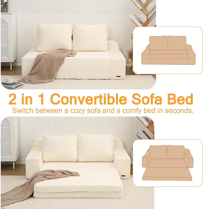 COMAX Convertible Sofa Bed Queen, Folding Floor Couch Corduroy Fold Out Couch Bed Sleeper Mattress with Back Pillows, Boneless Pull Out Loveseat Comfy Futon Lounge for Living Room Bedroom, Beige