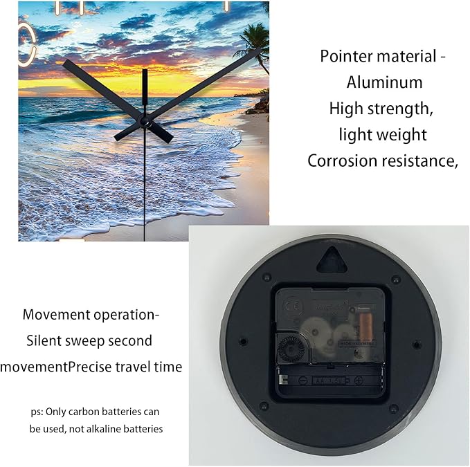 24 Inch Glass Large Wall Clocks for Living Room Decor Palm Tree Battery Wall Clock Modern Coastal Blue Wall Clock Silent