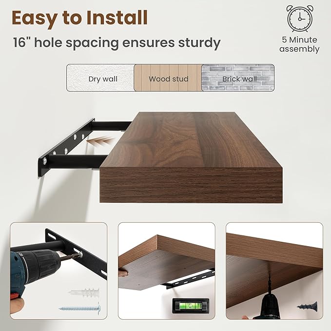 72 Inch Floating Shelves for Wall, 8 Inch Deep Floating Shelf for Storage & Display, Rustic Wall Mounted Shelf with Invisible Brackets for Living Room, Kitchen, Bathroom, Home Decor, Set of 2, Walnut