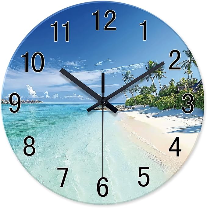 XFM Blue Beach Wall Clocks Battery Operated 14 Inch Round Glass Silent Wall Clock Coastal Nautical Wall Clocks for Living Room Bedroom Kitchen Decor