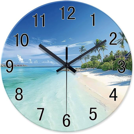 XFM Beach Coastal Wall Clocks Battery Operated 20 Inch Large Wall Clock Silent Tropical Seascape Glass Wall Clock for Living Room Bedroom Kitchen Decor