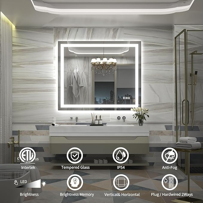 LED Mirror for Bathroom, 48x40 Inch Backlit + Front Lighted Bathroom Vanity Mirror with Lights for Wall, Double Light Strips, 3 Colors, Shatter-Proof, Anti-Fog and Brightness Memory