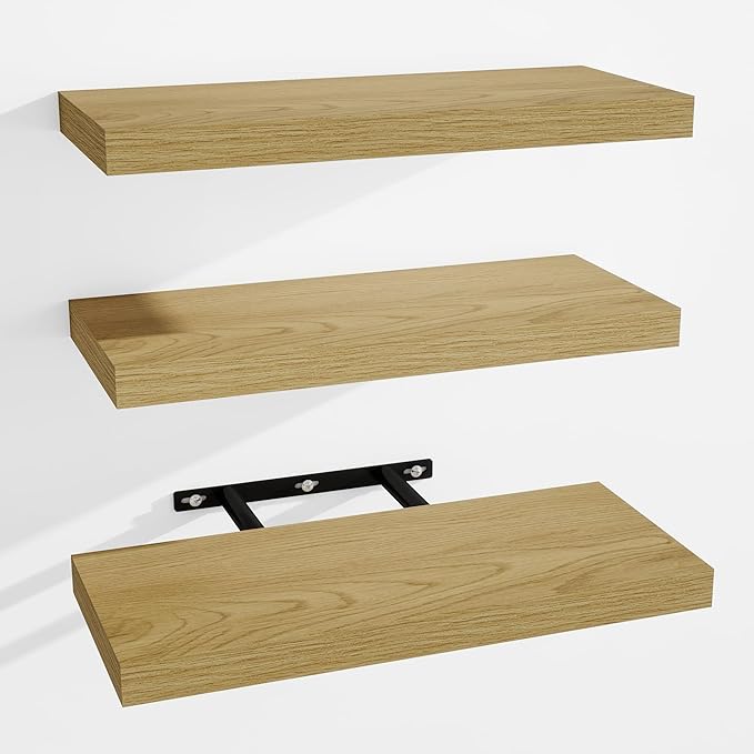 Floating Shelves for Wall, Wall Mounted Shelves with Invisible Brackets, 3 Small Wood Floating Wall Shelf Shelves for Living Room, Bedroom, Kitchen, Bathroom (Oak, 15" W x 6" D x 1" H)