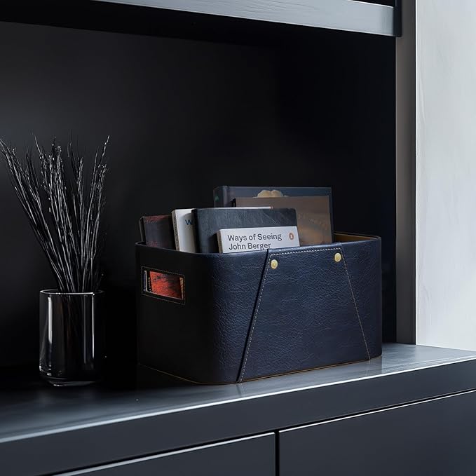 La Jolie Maison Storage Baskets for Organizing, 2 Pack, Luxury Vegan Leather Storage Cube Boxes for Closet Shelf Cabinet Bookcase, Navy Blue