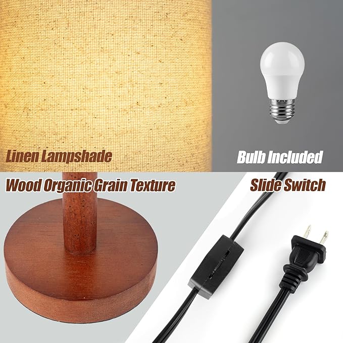 Small Table Lamp for Bedroom, Nightstand Lamp Linen Lampshade Bedroom Wood Base Small Bedside Lamp for Night Stands, Desk Lamps for Reading Living Room, Office (LED Bulb Included) (Black-Walnut Wood)