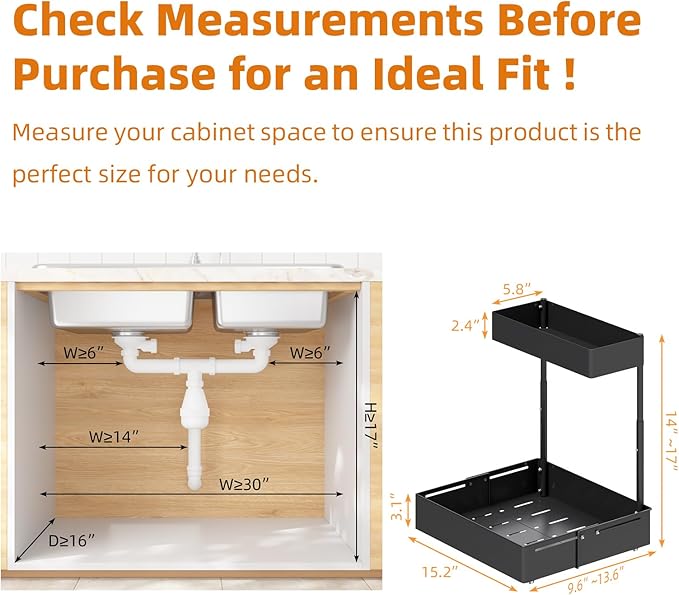 2Packs Under Sink Organizer with Adjustable Height and Width, Under Cabinet Organizer to Tidy, Sturdy Metal Design for Kitchen and Bathroom