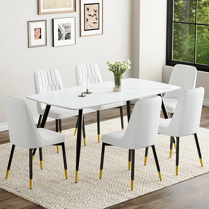 7 Piece Modern Dining Set, 62'' Sintered Stone Dinner Table for 6, 6 Chairs, Easy to Assemble