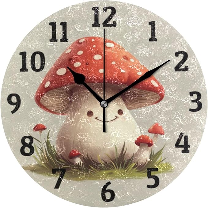 Wall Clock Cute Mushrooms Silent Non Ticking Wall Clock Decorative Battery Operated Wall Clocks for Home Kitchen Bedroom Living Room Office