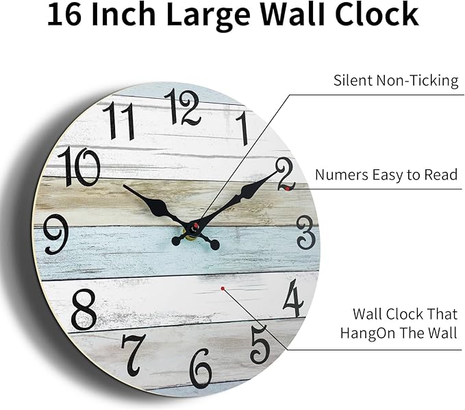 CHYLIN Wall Clock - 16 Inch Silent Non Ticking Coastal Wall Clocks Battery Operated, Wooden Rustic Farmhouse Clock Decorative for Living Room, Kitchen, Bathroom, Office (Blue)