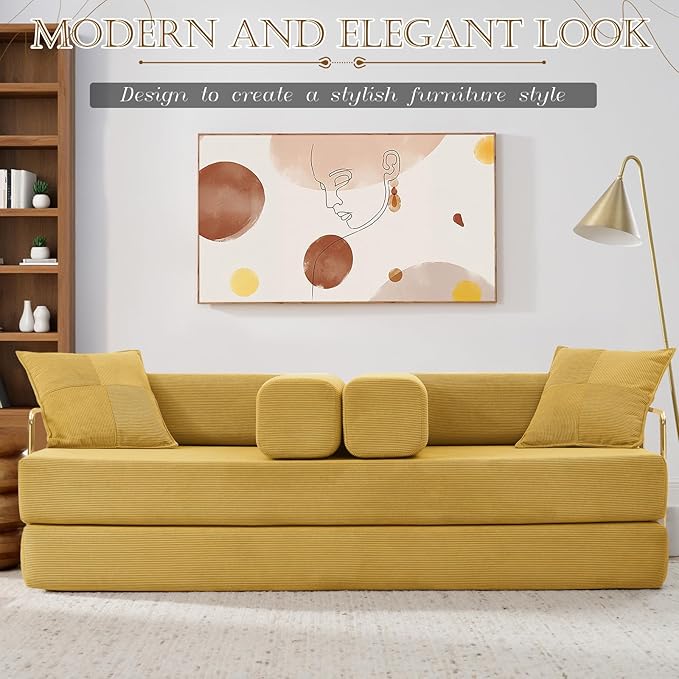 Antetek Convertible Futon Sofa Bed, 3-Seater Modern Corduroy Foam Floor King Size Bed Foldable Sleeper Lounge Loveseat Sofa Couch with 2 Throw Pillows for Living Room Bedroom Guest Room, Yellow