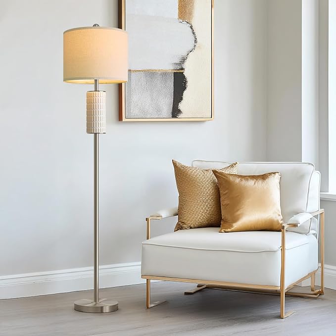 PoKat Silver Ceramic Floor Lamp for Living Room Bedroom, 64" Modern Tall Standing Lamp with Rotary Switch, Traditional Living Room Lamp for Corner, Home Office, Nursery