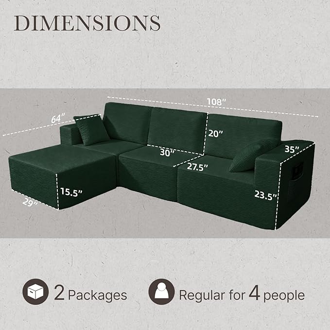 108” Modular Sectional Sofa Couch with Ottoman, 3-Seater Boneless Couch, L Shape Sectional Sofa Compressed Sofa for Living Room Bedroom, No Assembly Needed (Green, 3 Seats+1 Ottoman)