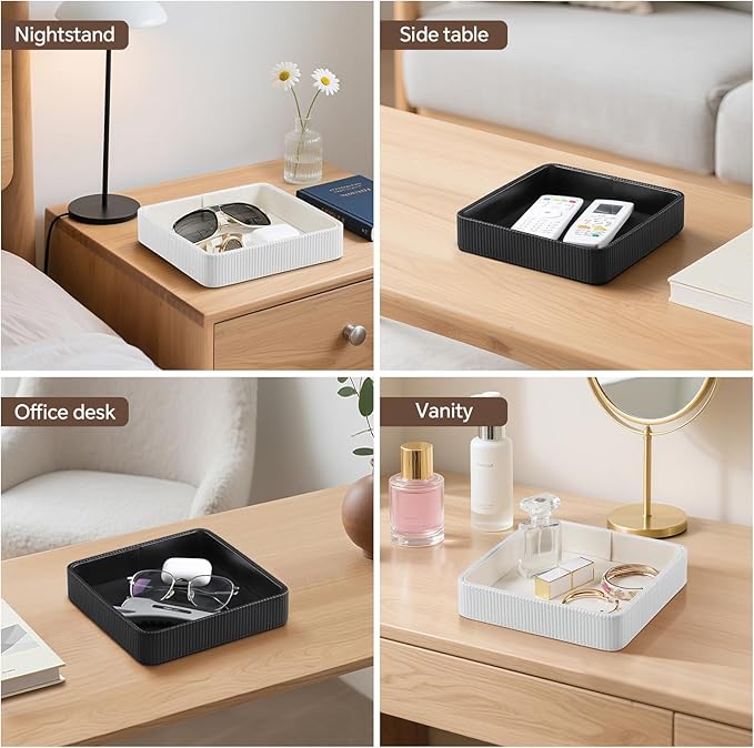 Small Valet Tray, 8"x8" Nightstand Organizer for Women Men| PU Leather Desk Organizer Trinket Dish| Decorative Vanity Tray Catch All Key Bowl for Dresser Bedside Coffee Table Entryway (Cream)