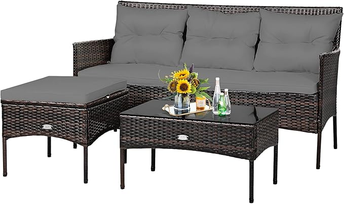 Tangkula 3 Pieces Patio Conversation Set, All Weather Outdoor PE Rattan Wicker Furniture Set with Padded Cushions, Tempered Glass Coffee Table, for Poolside, Backyard, Garden (Gray)