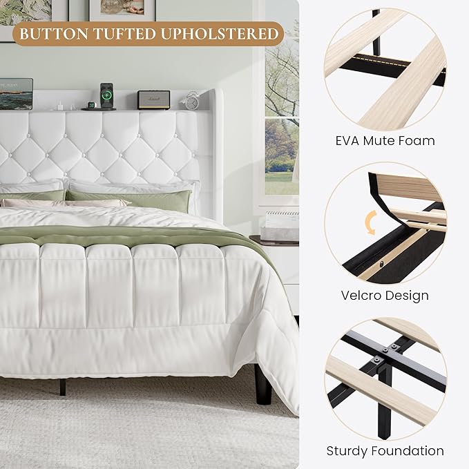 SHA CERLIN Queen Size Platform Bed Frame with Charging Station, Velvet Wingback Headboard with Storage Shelf, Wooden Slats Support, Ample Under-Bed Space, No Box Spring Needed, Easy Assembly, White