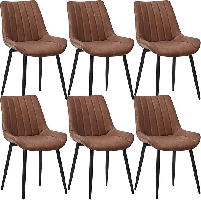 Dining Chairs Set of 6, Faux Leather Modern Linear Design Dining Chair with Metal Legs, 16.9" Seat Width Chair for Kitchen, Lounge, Reception Room, Restaurant, Commercial (Brown)