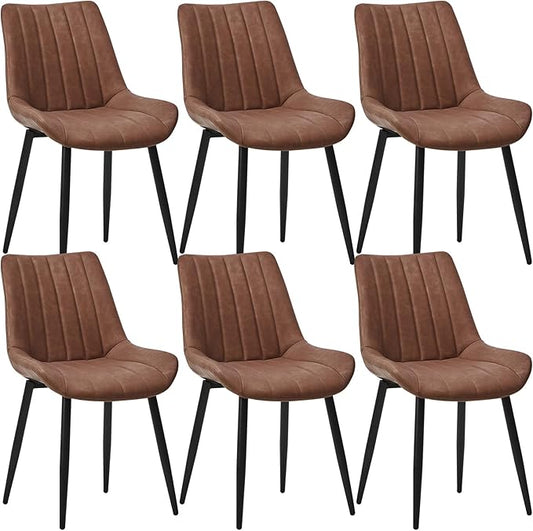 Dining Chairs Set of 6, Faux Leather Modern Linear Design Dining Chair with Metal Legs, 16.9" Seat Width Chair for Kitchen, Lounge, Reception Room, Restaurant, Commercial (Brown)