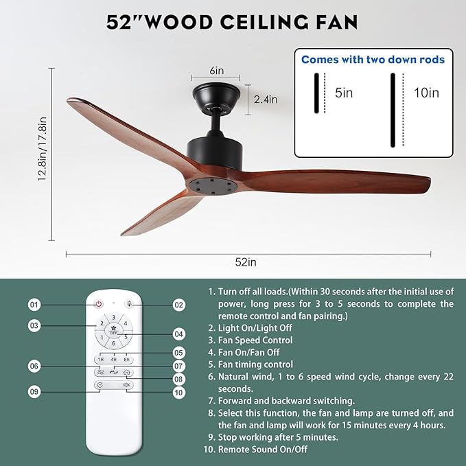 52 inch 3 blade Wood ceiling fan without light, Noiseless Reversible DC Motor Walnut Ceiling Fan Without Light for Farmhouse Patio Living Room Bedroom, Indoor Outdoor Ceiling Fan with Remote