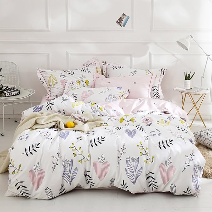 LifeTB Girls Flower Duvet Cover Twin XL Boho White Pink Floral Bedding Sets Aesthetic 100% Cotton Comforter Cover Cute Branches Flower Bedding Sets Pink Floral Twin XL Duvet Cover with 2 Pillowcases