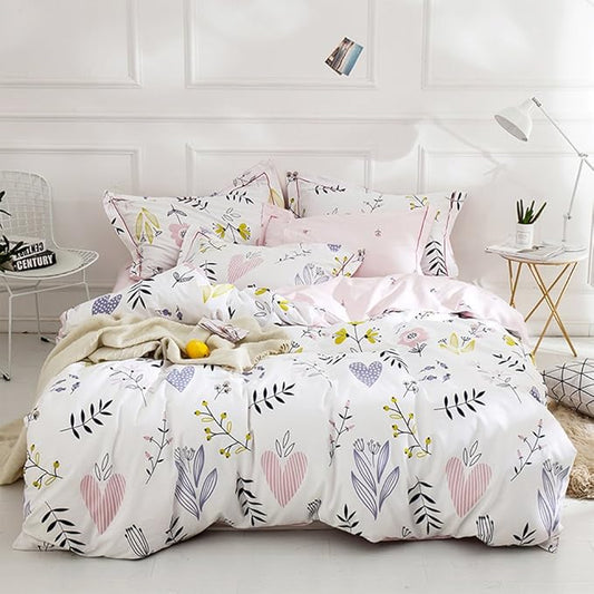 LifeTB Girls Flower Duvet Cover Twin XL Boho White Pink Floral Bedding Sets Aesthetic 100% Cotton Comforter Cover Cute Branches Flower Bedding Sets Pink Floral Twin XL Duvet Cover with 2 Pillowcases