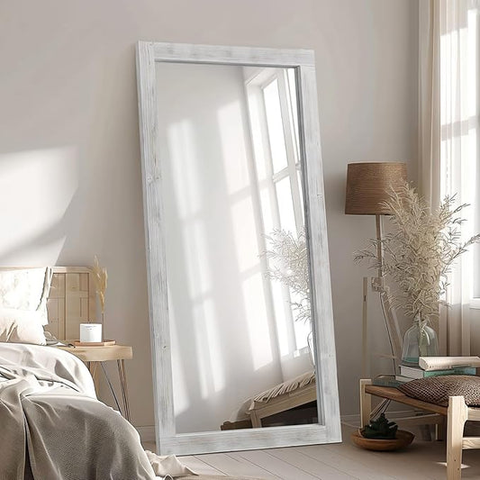 MELOMOIR Rustic Farmhouse Full Length Mirror, 71"x32" Large Floor Wood Frame, Free Standing Leaning Hanging, Full Body for Bedroom Living Room Cloakroom, Weathering White