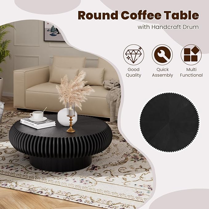 Round Drum Coffee Table for Living Room, Mid Century Modern Coffee Table with Sturdy Pedestal, Farmhouse Fluted Circle Center Table Accent Tea Table for Apartment (31.5" Black)