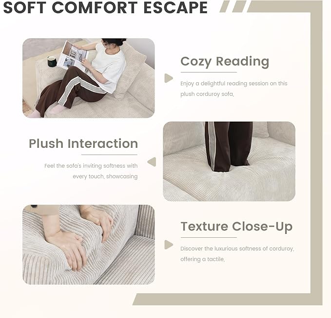 Sectional Couches for Living Room,102inch Cloud Couch Modular Sectional Sofa,Modern Corduroy Couch Love Seat,Cushion Covers Removable& Washable (Beige)
