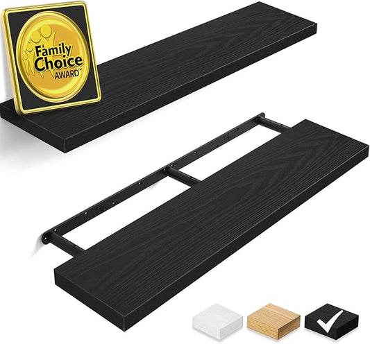 BAYKA Floating Shelves for Wall, 36 inches Long Wall Mounted Rustic Wood Shelves for Bathroom, Bedroom, Living Room, Kitchen, Office, Hanging Shelf for Books/Storage/Decor(Black,Set of 2)