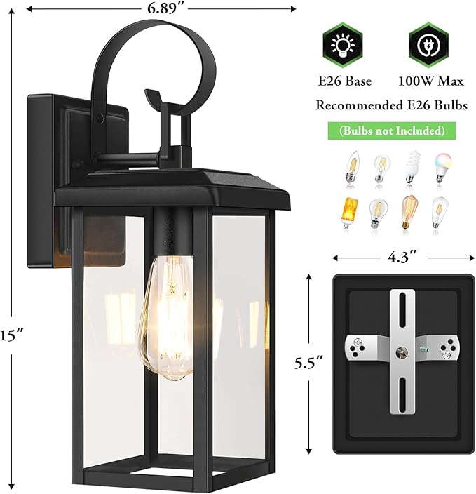 BesLowe 2-Pack Outdoor Wall Light Fixtures, 15" Exterior Lighting Fixtures Wall Mount, Waterproof Porch Lights Outdoor Wall Sconces Lanterns, Modern Outside Lights for House Front Door Garage, Black