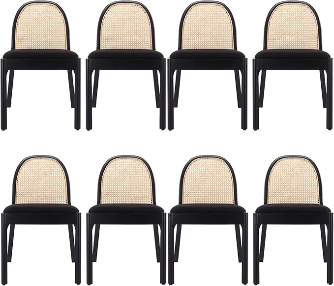 LukeAlon Modern Sherpa Dining Chairs Set of 8, Natural Woven Rattan Cane Back Side Chairs with Solid Wood Legs Mid Century Dinner Chairs for Kitchen Living Room, Black