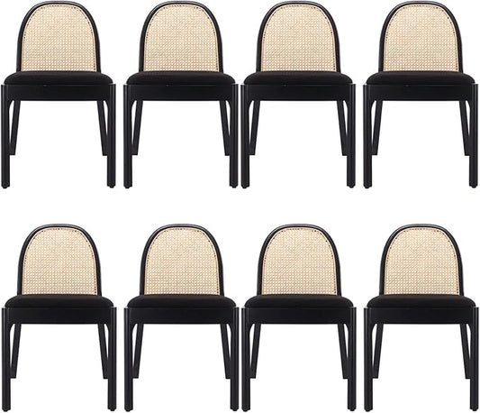 LukeAlon Modern Sherpa Dining Chairs Set of 8, Natural Woven Rattan Cane Back Side Chairs with Solid Wood Legs Mid Century Dinner Chairs for Kitchen Living Room, Black