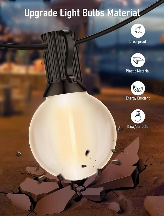 G40 25FT LED Outdoor String Lights,Frosted Patio Lights with 27 (2 Spare) Plastic Shatterproof Globe Bulbs,Connectable Outside Hanging Lights for Porch,Garden, Backyard,Wedding Decor