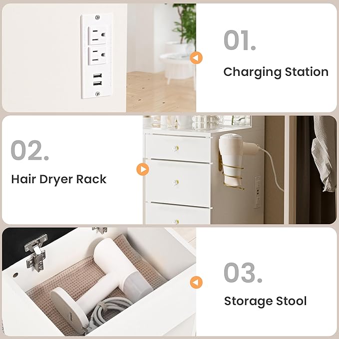 Pamapic Glass Top Vanity Desk with Crystal Handles, 11 Drawers Makeup Vanity with Mirror and Stool, 3 Lighting Modes Dressing Table, Power Outlet, Silent Slides, White