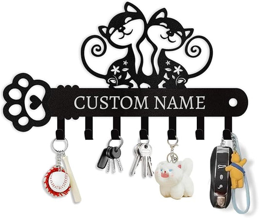 Cat Key Holder with Custom Name & Hooks - Personalized Metal Key Rack Wall Mount Art Decor for Bedroom Doorway Office