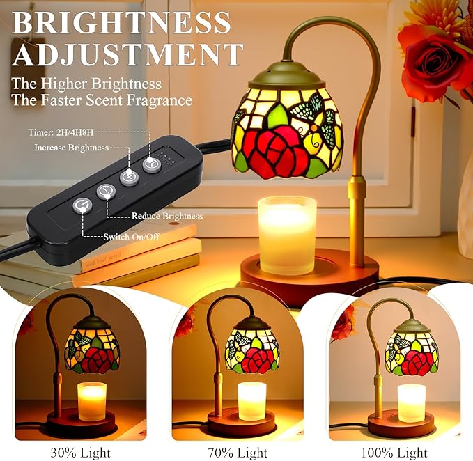Candle Warmer Lamp with Timer Dimmer, Butterfly Tiffany Style Stained Glass Candle Lamp Warmer, Adjustable Wax Melt Warmer with 2 Bulbs for Small Jar Candles Christmas Birthday Gifts for Women