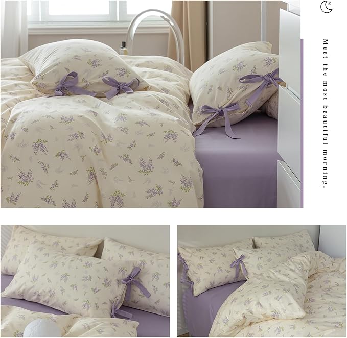 Purple Duvet Cover Set Twin XL 3 Pieces Lavender Flower Duvet Cover Girls Cottagecore Bedding Set 100% Cotton Vintage Floral Comforter Cover Cute Flower Botanical Duvet Cover with Zipper Closure