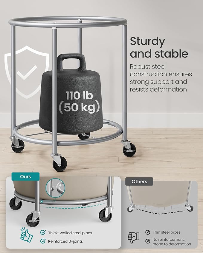 SONGMICS 50.2-Gallon (190 L) Laundry Basket with Wheels, Rolling Round Heavy-Duty Laundry Hamper Cart with Steel Frame and Removable Bag, 2 Locking Wheels, Camel Brown and Metallic Silver URLS001N01