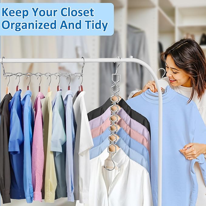 3 Pack Space Saving Hangers for Clothes, Heavy Duty 30Lbs Capacity Magic Clothes Space Saver Sturdy Metal Hanger Organizer with 360° Swivel Hook, Closet Organizers Storage Dorm Essentials Silver