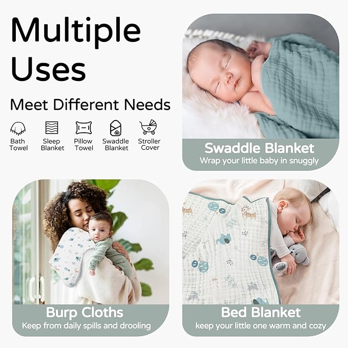 Yoofoss Hooded Baby Towels for Newborn 2 Pack 100% Muslin Organic Cotton Baby Bath Towel with Hood for Babies, Infant, Toddler and Kids, 32x32Inch, Soft and Absorbent Newborn Essential,Blue Elephant