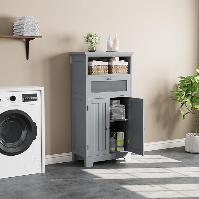 ChooChoo Bathroom Floor Storage Cabinet with Flip Glass Drawer, Bathroom Cabinets Freestanding with 2 Doors Adjustable Shelf & 1 Open Storage for Bathrooms, Living Room, Hallway, Grey