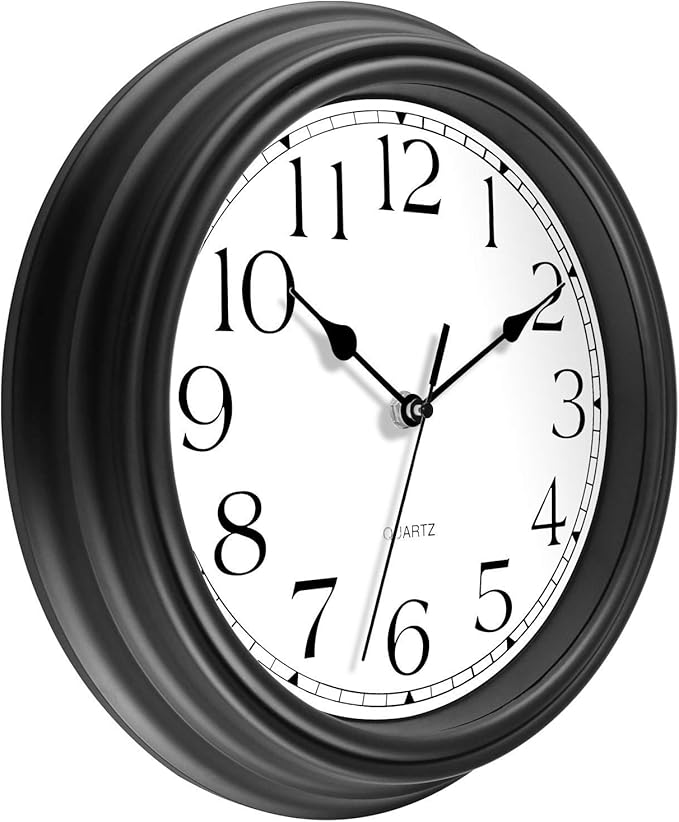 Foxtop Silent Non-Ticking Round Classic Clock Retro Quartz Decorative Battery Operated Wall Clock for Living Room Kitchen Home Office (12 Inch, Black)