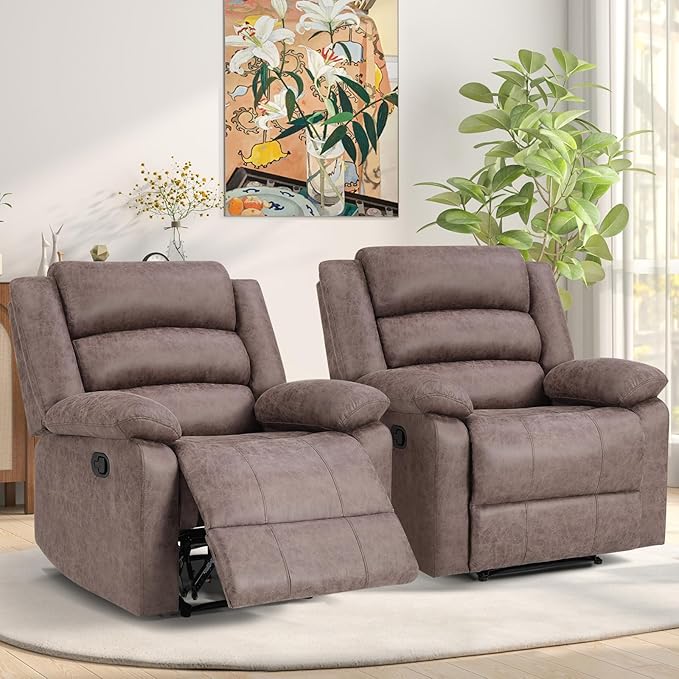 ANJ Set of 2 Manual Recliner Chairs, Overstuffed Breathable Faux Leather Reclining Seating with Arm & Back Support, Comfortable Living Room Recliners for Reading & Relaxation