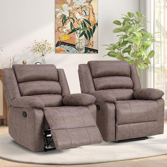 ANJ Set of 2 Manual Recliner Chairs, Overstuffed Breathable Faux Leather Reclining Seating with Arm & Back Support, Comfortable Living Room Recliners for Reading & Relaxation