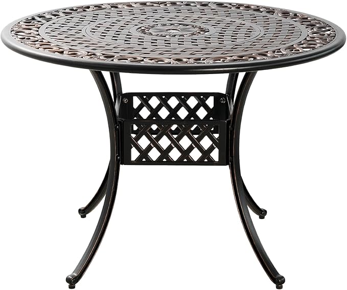 42" Round Cast Aluminum Patio Table with 4-6 Person,Outdoor Patio Dining Table with 1.7" Umbrella Hole,Metal Patio Table for Garden,Porch,Yard,Bronze